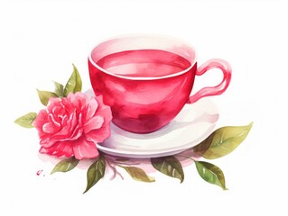 Obraz na płótnie Canvas Minimalistic Watercolor Illustration of a Cup of Rose and Hibiscus Tea AI Generated