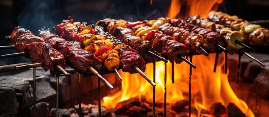 Assorted meats on skewers, grilled over charcoal and fire, in traditional street food style. - obrazy, fototapety, plakaty