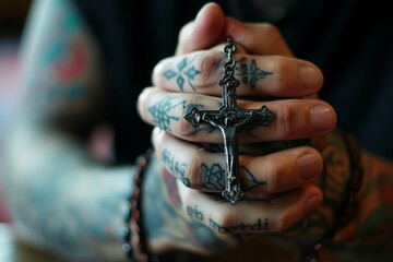 Grasp of Faith: Tattooed Hand with Cross Pendant

