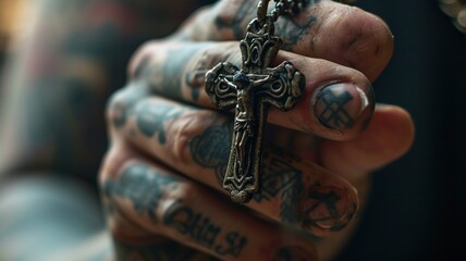 Grasp of Faith: Tattooed Hand with Cross Pendant

 - obrazy, fototapety, plakaty