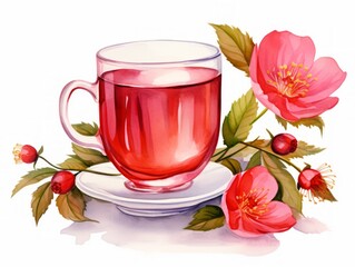 Fototapeta na wymiar Minimalistic Watercolor Illustration of Rosehip and Hibiscus Tea AI Generated