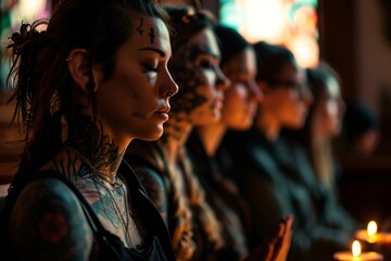 Obraz premium Bound by Faith: Group of Young Tattooed Friends Praying Together in a Church