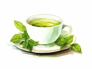 Minimalistic Watercolor Illustration of a Cup of White Tea with a Sprig of Mint on a White Background AI Generated
