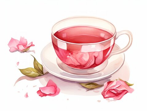 Minimalistic Superb Watercolor Illustration of a Cup of Rose Tea with Dried Rose Petals on White Background AI Generated