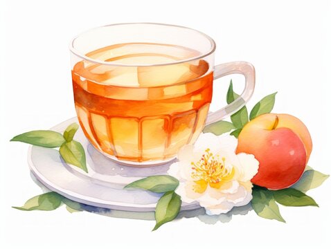 Minimalistic Watercolor Illustration of White Peony Tea with Peach Slice AI Generated