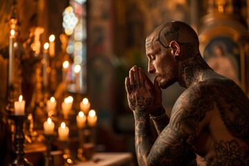 Obraz premium Devotion Expressed: Tattooed Man at Church Altar