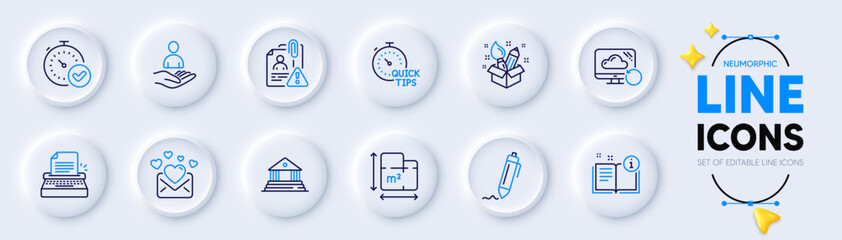 Fast verification , Search employee and Court building line icons for web app. Pack of Creativity, Typewriter, Quick tips pictogram icons. Signature, Floor plan, Love mail signs. Vector - obrazy, fototapety, plakaty
