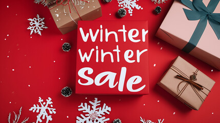 Fototapeta na wymiar winter sale sign, holiday themed marketing, red and colorful, rich text 