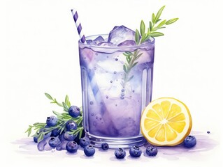 Minimalistic Superb Watercolor Illustration of a Glass of Blueberry and Lavender Lemonade on White Background AI Generated - obrazy, fototapety, plakaty