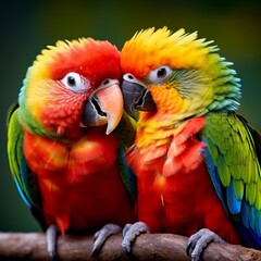 A pair of parrots sharing a tender moment, their colorful beaks touching in a display of affection.