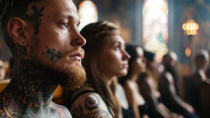 Fototapeta premium Diverse Expression: Young Tattooed Individuals at a Baptism Ceremony