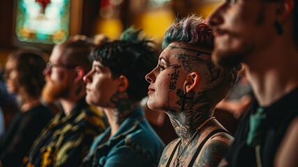 Fototapeta na wymiar Diverse Expression: Young Tattooed Individuals at a Baptism Ceremony