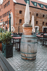 Fototapeta na wymiar Traditional wooden barrel on street outdoors. Wine making. High quality photo