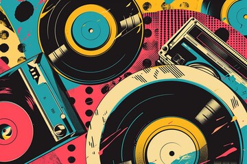 Retro Music Revival: Vinyl and Cassette in 80s Pop Collage