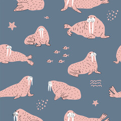 Walrus. Cute Background with animals. Baby Oceanic pattern for Fabric Textile, Wallpaper, Wrapping. Vector illustration