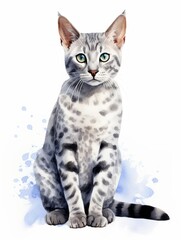 Minimalistic Superb Watercolor Illustration of a Sitting Egyptian Mau with Spotted Markings AI Generated