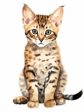 Minimalistic Superb Watercolor Illustration of a Playful Savannah Cat AI Generated