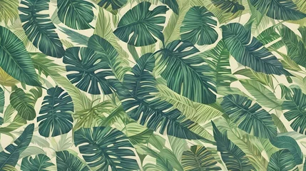 Fotobehang Tropical exotic seamless pattern with dark golden and green vintage palm leaves for product presentation, backdrop, wallpaper and fabric painting. Hawaiian theme background © Sadushi