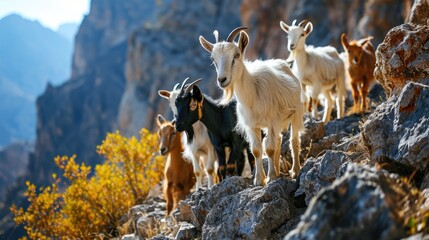 A group of goats standing on top of a rocky hill
