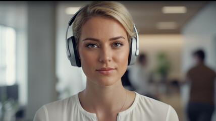 annoyed or bored, everyday life at work, boring job, headphone on, blonde caucasian woman, age 30, front view face - obrazy, fototapety, plakaty