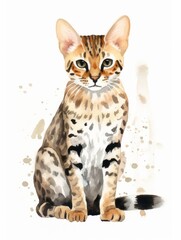 Minimalistic Watercolor Illustration of a Sitting Ocicat AI Generated