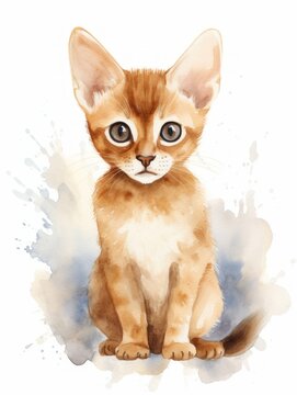 Minimalistic Superb Watercolor Illustration of a Playful Abyssinian Kitten on a White Background AI Generated