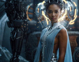 sci-fi future: multiracial woman in sexy dress, spaceship, good mood, space station, attractive everyday life