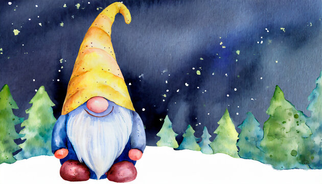 Close-up of a smiling gnome toy, forest at night, copy space on a side, watercolor