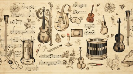 A repeating pattern of vintage music notes and instruments, great for a musical-themed vector background. - obrazy, fototapety, plakaty