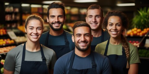 A group of people standing in front of a produce stand posing for a picture, grocery store work team
