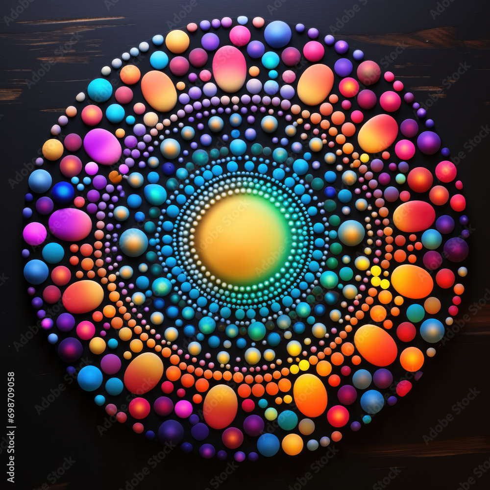 Poster a colorful circle made up of circles of different colors, mandala, dots of color, geometric symmetri