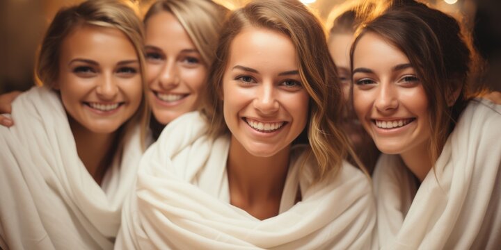 A group of women in robes posing for a picture, group of female friends posing for a picture in spa.