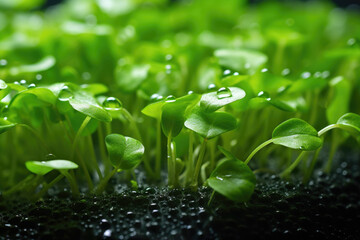 Micro greens sprouts close-up with a splash of water