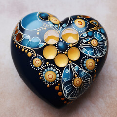 A decorative heart shaped box sitting on a table