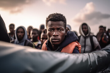 Migrant vessel in Mediterranean Sea. Migrants aboard an inflatable vessel in sea. European migrant crisis. Illegal immigration on boat on sea border. Europe and Africa tackle migration. Refugees - obrazy, fototapety, plakaty