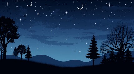 A starry night sky with a crescent moon and silhouettes of trees, great for a nighttime-themed vector background.