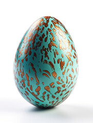 A blue and gold painted egg on a white surface, colorful Easter egg.