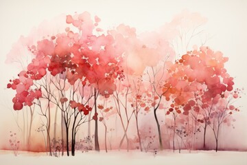 watercolor painting depicting trees in pink and red tones with no leaves