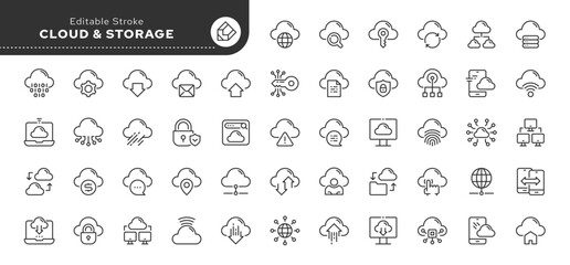 Set of line icons in linear style. Series - Cloud and Storage.Digital database, protection, transmission and retrieval of information, server. Outline icon collection. Conceptual pictogram - obrazy, fototapety, plakaty
