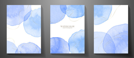 Blue watercolor set vector art background for cover design, cards, flyer, poster, banner. Hand drawn Christmas illustration for your design. Blue watercolour texture and gold lines. Abstract backdrop.