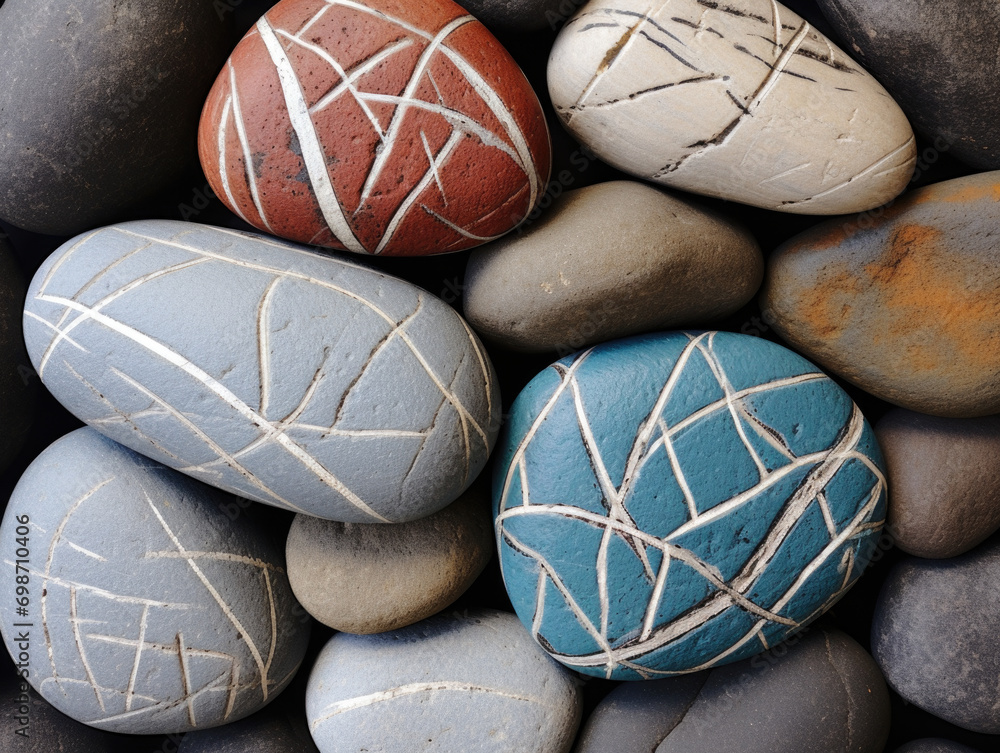 Poster a painted flat pebble with abstract wave patterns and dots on top of a pile of stones.