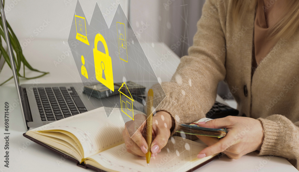 Poster cyber security concept, person hand touching cyber security icon on virtual screen with blue bokeh b