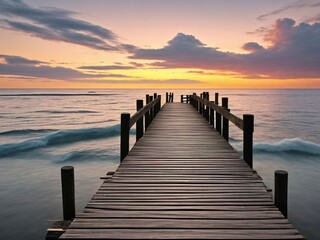 Wooden pier on the beach at beautiful sunset in the evening - obrazy, fototapety, plakaty