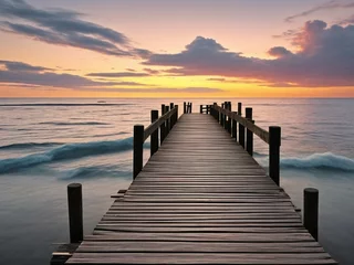 Poster Wooden pier on the beach at beautiful sunset in the evening © Евгений Порохин