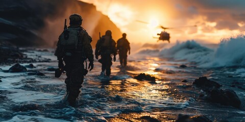 A group of soldiers walking in the water, rescue operation on a stormy sea with rescue workers and helicopter