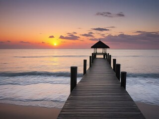 Fototapeta premium Wooden pier on the beach at beautiful sunset in the evening
