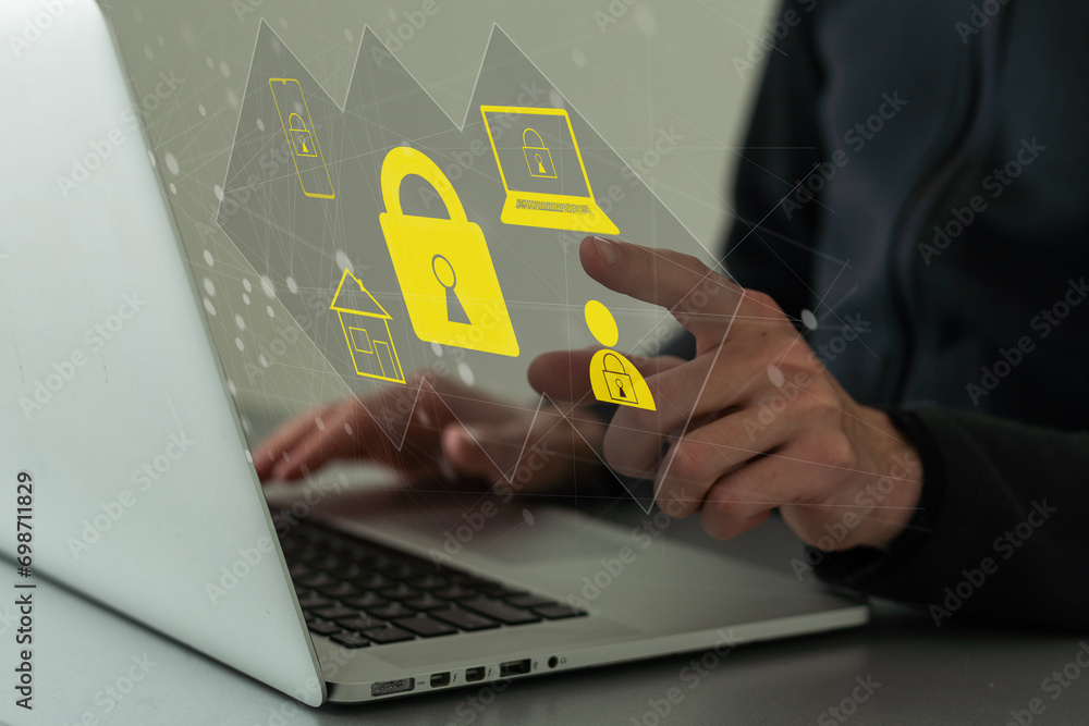 Poster cyber security concept, person hand touching cyber security icon on virtual screen with blue bokeh b