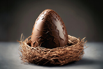 Um ovo de chocolate dentro de um ninho de palha, com fundo escuro. Conceito de Páscoa.
