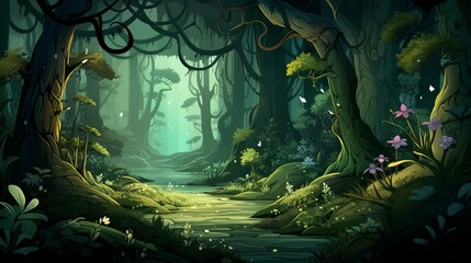 Fototapeta na wymiar An enchanted forest with towering trees and magical creatures, ideal for a fantasy-themed vector background.
