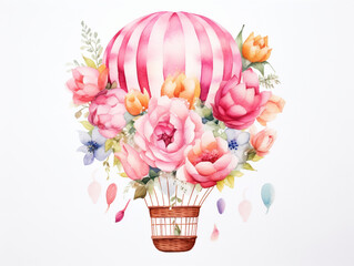 Watercolor Air Balloons. Aircraft with basket and flowers. Painting  illustration